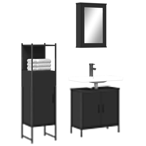 QJBSAVVA 3-TLG. Badmöbel-Set Schwarz Holzwerkstoff Badezimmerschrank mit Spiegelschrank und Waschbeckenunterschrank 60 x 30 x 60 cm Stauraum für Badaccessoires von QJBSAVVA
