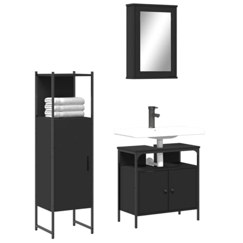 QJBSAVVA 3-TLG. Badmöbel-Set Schwarz Holzwerkstoff mit Spiegelschrank Waschbeckenunterschrank und Badezimmerschrank für platzsparende Organisation 60 x 30 x 60 cm von QJBSAVVA