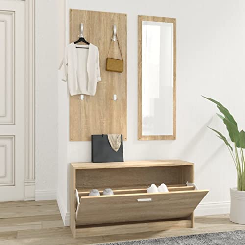 QJBSAVVA 3-TLG. Flurmöbel-Set in Sonoma-Eiche mit Schuhschrank Garderobe & Spiegel 80 x 27 x 46.5 cm Robustes Holzwerkstoff Design für Flur und Eingangsbereich von QJBSAVVA