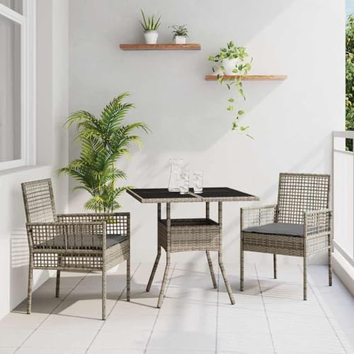 QJBSAVVA 3-TLG. Garten-Essgruppe Grau aus Synthetischem Poly Rattan mit 2 Stühlen und Tisch Modernes Design Wetterfest für Balkon Terrasse und Garten von QJBSAVVA