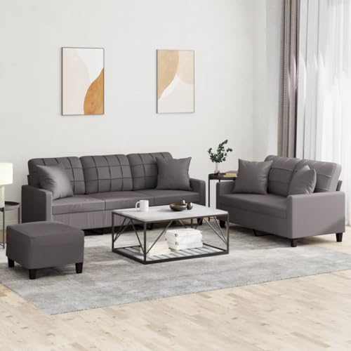 QJBSAVVA 3-TLG. Sofagarnitur Grau Kunstleder 2-Sitzer und 3-Sitzer Sofa mit Fußhocker Bequem & Langlebig für Wohnzimmer Balkon oder Gästezimmer von QJBSAVVA