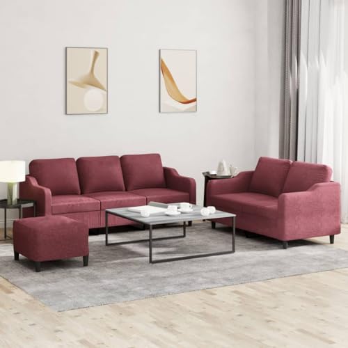 QJBSAVVA 3-TLG. Sofagarnitur in Weinrot aus strapazierfähigem Polyester mit Fußhocker Bequeme Sitzpolsterung & Robustes Metall-Sperrholz-Gestell für Wohnzimmer und Balkon von QJBSAVVA