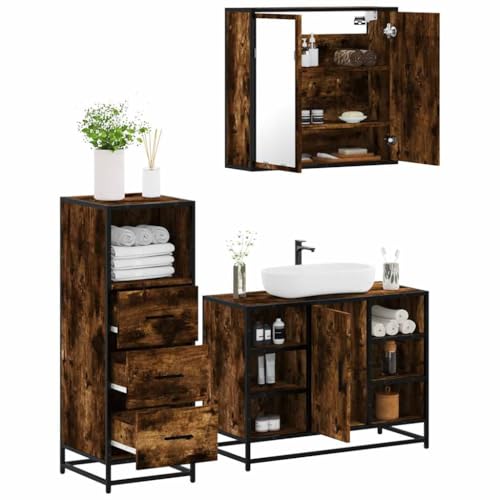 QJBSAVVA 3 Teiliges Badmöbel Set in Räuchereiche Holzwerkstoff Metall und Glas Badezimmerschrank mit Spiegelschrank und Waschbeckenunterschrank Stilvoll und Langlebig für Modernes Badezimmer von QJBSAVVA