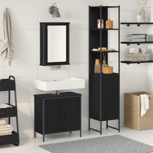 QJBSAVVA 3-teiliges Badezimmermöbel Set in Schwarz Eiche Modernes Design mit Spiegelschrank und Stauraum für kleine Badezimmer von QJBSAVVA