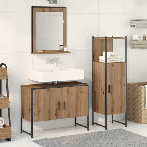 QJBSAVVA 3-teiliges Badezimmermöbelset aus Eichenholz mit Spiegelschrank Aufbewahrungseinheit und Waschtisch Modernes Design Robust & Platzsparend für kleine Badezimmer von QJBSAVVA