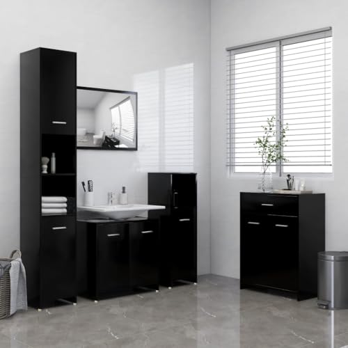 QJBSAVVA 4-TLG. Badmöbel-Set Schwarz aus Holzwerkstoff mit Badezimmerschrank Waschbeckenunterschrank Midischrank und Hochschrank Modernes Design für zusätzlichen Stauraum von QJBSAVVA