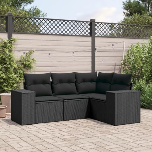QJBSAVVA 4-TLG. Garten-Sofa Set Schwarz Poly Rattan Klein Modular Ecksofa Mittelsofa Couch mit dicken Kissen UV-beständig 110 kg belastbar Modernes Design für Terrasse Balkon Innenhof von QJBSAVVA