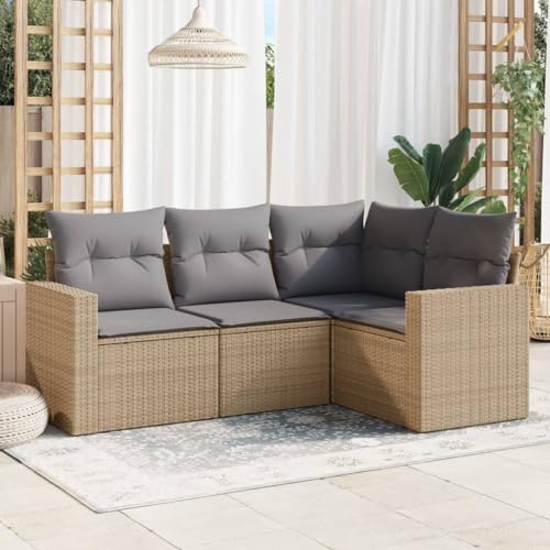 QJBSAVVA 4-TLG. Garten-Sofagarnitur Beige Poly Rattan 62 x 62 cm Stauraum wasserabweisend Ecksofa & Mittelsofa für Balkon Terrasse oder kleine Lounge Areas von QJBSAVVA
