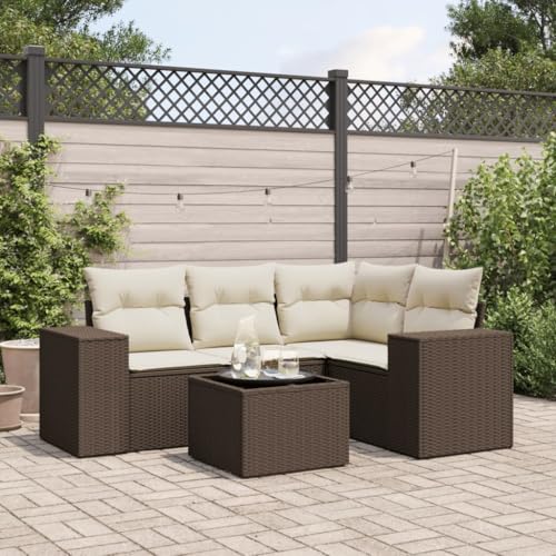 QJBSAVVA 5-TLG Gartenlounge Set Braun Poly Rattan Ecksofa Mitte & Armlehnen Sofa Glastisch 55x55 Kissen Modernes Design Robust Wetterfest Für Garten Balkon Terrasse von QJBSAVVA
