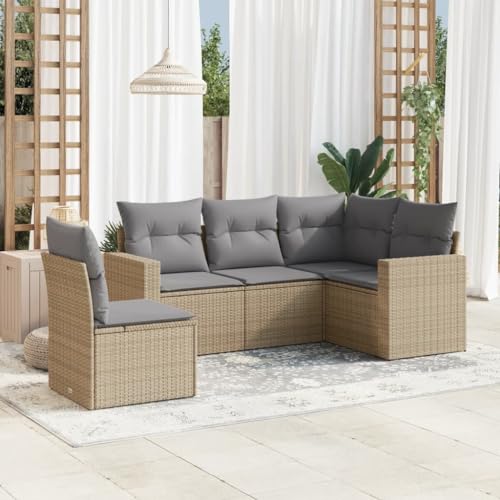 QJBSAVVA 5-TLG Gartensofa Lounge Set Beige Poly Rattan mit Stauraum und abwaschbaren Kissen modular Ecksofa Mittelsofa Sofa mit Armlehnen für Garten Terrasse Balkon von QJBSAVVA