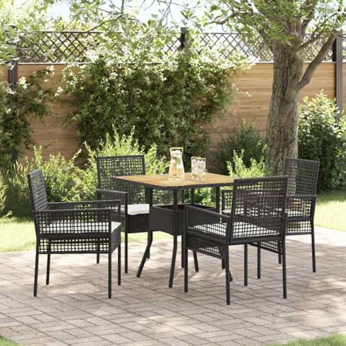QJBSAVVA 5-TLG. Garten-Essgruppe Schwarz Modernes Design mit Poly Rattan und Metallrahmen Quadratischer Esstisch mit 4 Stühlen für Balkon Terrasse oder Garten von QJBSAVVA