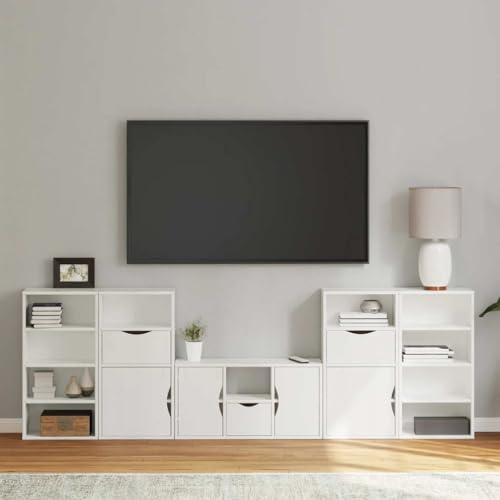 QJBSAVVA 5-TLG. Wohnwand ODDA Weiß Massivholz Kiefer TV Schrank mit Stauraum Modular Sideboard für Wohnzimmer von QJBSAVVA