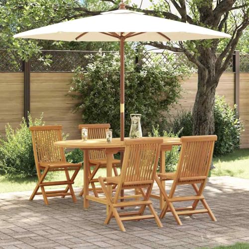QJBSAVVA 5-teiliges Garten Essset aus massivem Teakholz Ovaler Esstisch mit 4 Stühlen Wetterfest & Faltbar für Terrasse Garten und Balkon von QJBSAVVA