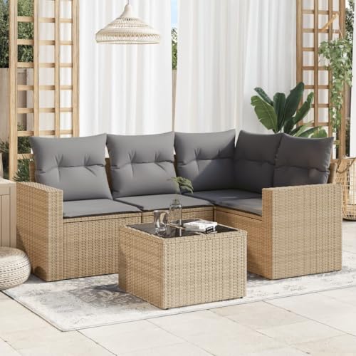 QJBSAVVA 5-teiliges Garten-Sofagarnitur Beige Poly Rattan Ecksofa Mittelsofa Armlehne Couchtisch mit Stauraum und waschbaren Kissen wetterfest modular kleine Sitzecke für Balkon Terrasse und Garten von QJBSAVVA
