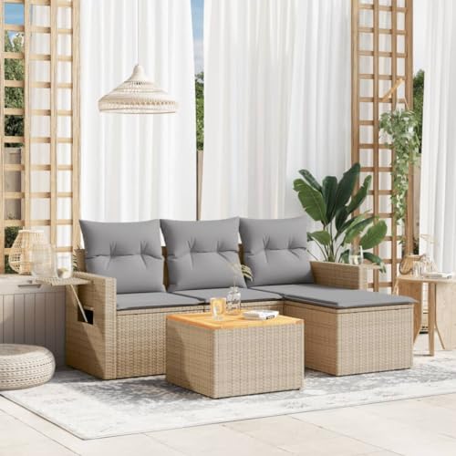 QJBSAVVA 5-teiliges Garten-Sofagarnitur Beige Poly Rattan mit Akazienholzplatte, Abnehmbarer Kissenbezug, modulares Outdoor Möbelset für Terrasse Balkon und Innenhof von QJBSAVVA