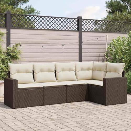 QJBSAVVA 5-teiliges Garten-Sofagarnitur in Braun aus wetterfestem Poly-Rattan mit abnehmbaren Cremeweißen Kissen, modulare Ecklounge mit Stauraum und verstellbaren Füßen, platzsparend für kleine von QJBSAVVA
