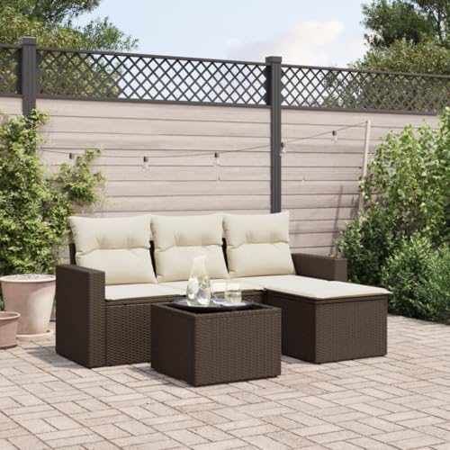 QJBSAVVA 5-teiliges Gartensofa Set aus Poly Rattan in Braun mit Stauraum, waschbaren Kissen und Glastisch, modular, kleine Outdoor Lounge für Balkon, Terrasse und Garten QJBSAVVA 5-teiliges Gartensofa Set aus Poly Rattan in Braun mit Stauraum, waschbaren Kissen und Glastisch, modular, kleine Outdoor Lounge für Balkon, Terrasse und Garten von QJBSAVVA