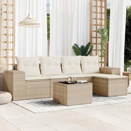 QJBSAVVA 6-TLG. Gartensofa Poly Rattan Beige 5-Sitzer modulare Lounge mit Glas-Tisch und abnehmbaren Kissen Robustes Material UV-beständig für Balkon Terrasse und Innenhof QJBSAVVA 6-TLG. Gartensofa Poly Rattan Beige 5-Sitzer modulare Lounge mit Glas-Tisch und abnehmbaren Kissen Robustes Material UV-beständig für Balkon Terrasse und Innenhof von QJBSAVVA