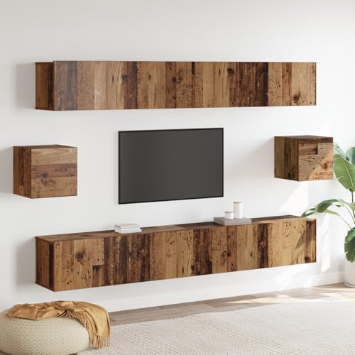 QJBSAVVA 6-teiliges TV-Schrank-Set aus recyceltem Holz mit verwitterter Oberfläche in Braun für Wohnzimmer rustikaler Charme praktisches Design wandmontiert von QJBSAVVA