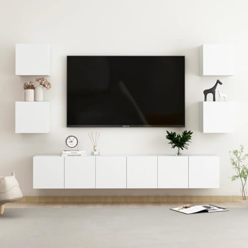 QJBSAVVA 7-TLG TV-Schrank-Set, Wohnzimmertisch Sideboard Holz Tv Regal Tv Board Geeignet für Den Flur Wohnzimmer Schlafzimmer Fernseher Weiß Holzwerkstoff von QJBSAVVA
