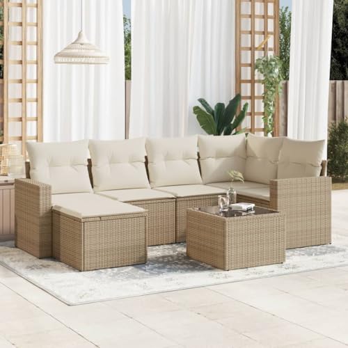 QJBSAVVA 7-TLG. Garten-Sofagarnitur Poly Rattan Beige mit Stauraum & Glas-Tisch Modernes Modulares Design mit UV-beständigen Outdoor-Kissen für Garten Terrasse Balkon QJBSAVVA 7-TLG. Garten-Sofagarnitur Poly Rattan Beige mit Stauraum & Glas-Tisch Modernes Modulares Design mit UV-beständigen Outdoor-Kissen für Garten Terrasse Balkon von QJBSAVVA