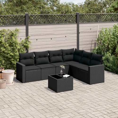 QJBSAVVA 7-TLG. Gartensofa Lounge Set Schwarz Poly Rattan Ecksofa mit Stauraum & Glas-Tisch 110 kg belastbar Modernes modulares Design für Terrasse Balkon und Innenhof von QJBSAVVA