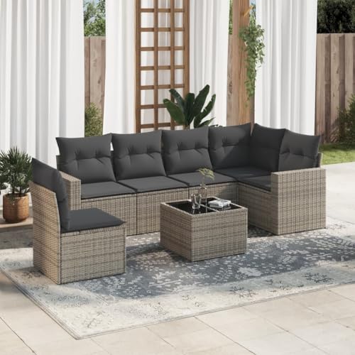 QJBSAVVA 7-TLG. Gartensofa Set mit Stauraum, dunkelgraues Poly Rattan, 110 kg pro Sitz, inkl. waschbarer Kissen & Glas-Tisch, modulare Outdoor Lounge platzsparend für Terrasse Balkon und Innenhof von QJBSAVVA