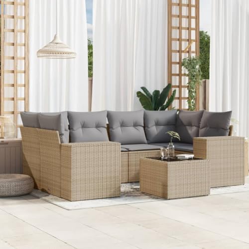 QJBSAVVA 7-Teiliges Outdoor Gartenmöbel Set Beige Polyrattan Ecksofa mit Armlehnen Mittelsofa Couchtisch Sitzecke mit abnehmbaren Kissen modular für Garten Terrasse Balkon von QJBSAVVA