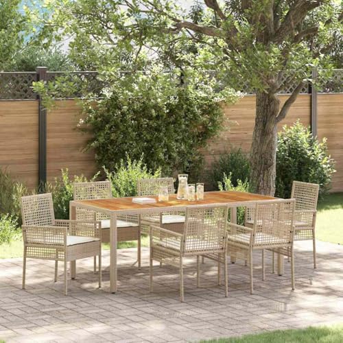 QJBSAVVA 7-teilige Outdoor Essgruppe Beige Poly Rattan Gartenmöbel Set mit Kissen Rechteckiger Tisch und 6 Stühle Modernes Design für Balkon Terrasse und Garten von QJBSAVVA