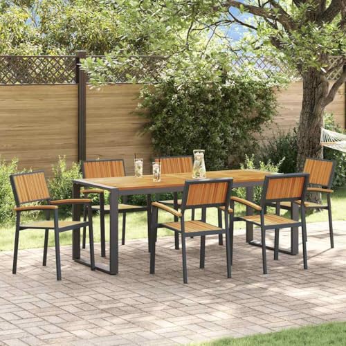 QJBSAVVA 7-teiliges Garten Essset aus massivem Akazienholz und Metall Rechteckiger Esstisch Schwarz mit 6 Stühlen Robuste Outdoor Möbel für Terrasse Garten und Balkon von QJBSAVVA