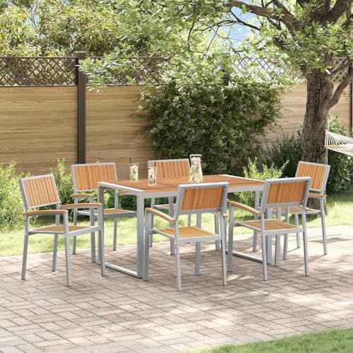 QJBSAVVA 7-teiliges Gartentisch-Set aus Akazienholz und Metall Grau Rechteckig 140 x 80 cm Modernes Design Robust & Langlebig für Terrasse Balkon und Garten von QJBSAVVA