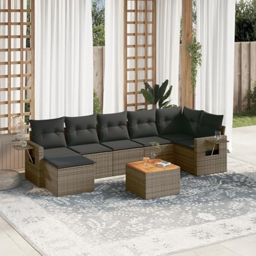 QJBSAVVA 8-TLG. Gartenlounge Grau Poly Rattan mit abnehmbaren Kissen & Akazienholz-Tisch modularer Outdoor Sofa Set platzsparend für Terrasse Balkon und Innenhof von QJBSAVVA