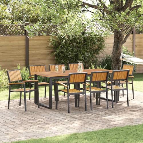 QJBSAVVA 8er Set Outdoor Stühle Schwarz Stapelbar aus Stahl & Massivholz Akazie Moderne Gartenstühle mit UV-Beständigkeit und Flachen Armlehnen für Terrasse Balkon und Garten von QJBSAVVA