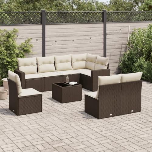 QJBSAVVA 9-Teiliges Gartenmöbel Set Braun Poly Rattan Ecksofa & Mittelsofas mit Stauraum und Glasplatte Couch für Outdoor Balkon Terrasse Gartenlounge klein oder groß von QJBSAVVA