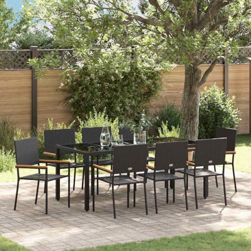 QJBSAVVA 9-teiliges Garten Essset Schwarz Modernes Poly Rattan Set mit 8 Stühlen und Rechteckigem Tisch Wetterfest & Bequem für Terrasse Balkon und Garten von QJBSAVVA