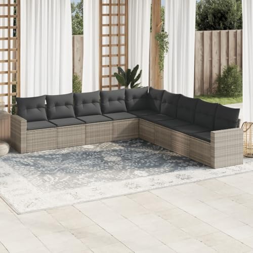 QJBSAVVA 9-teiliges Gartensofa Set Hellgrau mit Stauraum und abnehmbaren Kissen Poly Rattan Ecksofa Mittelsofa Sofa mit Armlehnen modular für Balkon Terrasse Kleiner Garten von QJBSAVVA
