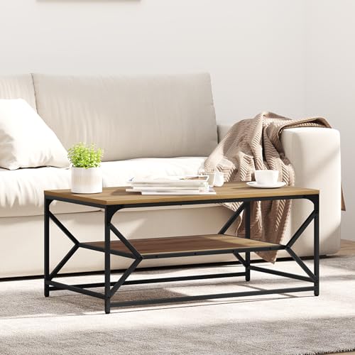 QJBSAVVA Artisan Couchtisch mit Ablage aus Massivholz Eiche Braun Rechteckig 90x50x40 cm Kleiner Beistelltisch mit Regal für Wohnzimmer Schlafzimmer Flur von QJBSAVVA