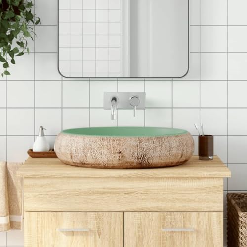 QJBSAVVA Aufsatzwaschbecken Oval 59x40x15 cm Keramik Handgefertigt mit Vintage Muster in Grün und Braun Robustes Material für Badezimmer Waschraum und Schminkraum QJBSAVVA Aufsatzwaschbecken Oval 59x40x15 cm Keramik Handgefertigt mit Vintage Muster in Grün und Braun Robustes Material für Badezimmer Waschraum und Schminkraum von QJBSAVVA