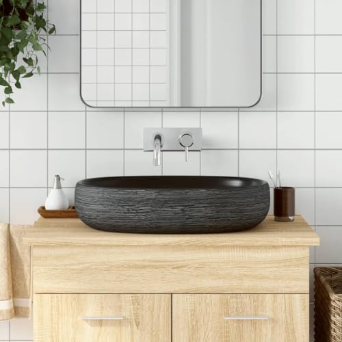 QJBSAVVA Aufsatzwaschbecken Oval Grau Schwarz 59x40x14 cm Keramik Handgefertigt mit Vintage Muster Robust & Einfach zu Reinigen für Badezimmer und Waschraum von QJBSAVVA
