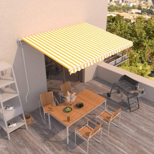 QJBSAVVA Automatische Markise 400x350 cm Gelb Weiß Einziehbar mit Fernbedienung UV Schutz und Wasserdicht für Terrasse Balkon Garten von QJBSAVVA
