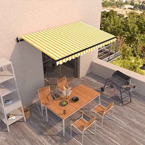 QJBSAVVA Automatische Markise 450x300 cm Gelb Weiß Einziehbar mit Fernbedienung und Handkurbel wasserfest für Terrasse Balkon Garten von QJBSAVVA