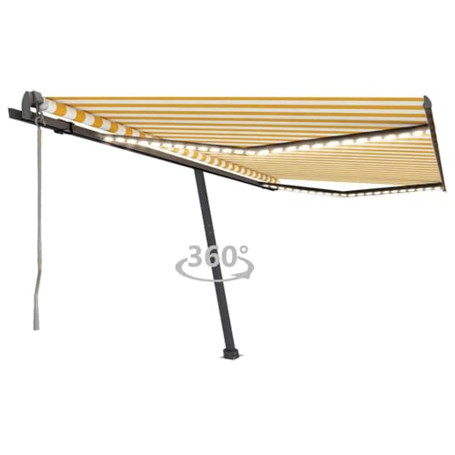 QJBSAVVA Automatische Markise mit LED Beleuchtung und Windsensor 400 x 300 cm Gelb Weiß Anthrazit Alurahmen UV und wasserbeständig für Terrasse Balkon Garten von QJBSAVVA