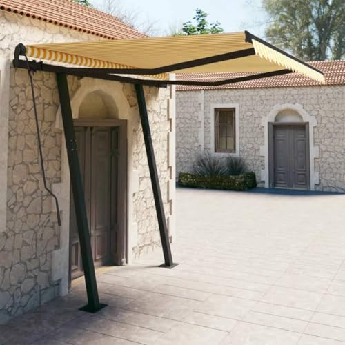 QJBSAVVA Automatische Markise mit Pfosten 3x2 5 m Gelb Weiß UV Schutz Freistehende Terrassenmarkise aus Polyester für Balkon Garten und Terrasse von QJBSAVVA