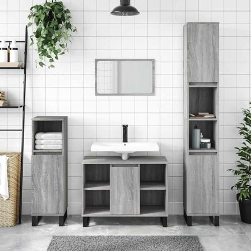 QJBSAVVA Badezimmerschrank Grau Sonoma 80x33x60 cm Holzwerkstoff mit Eisenfüßen und Flexibler Türmontage Stauraum für Badmöbel und Apothekerschrank von QJBSAVVA