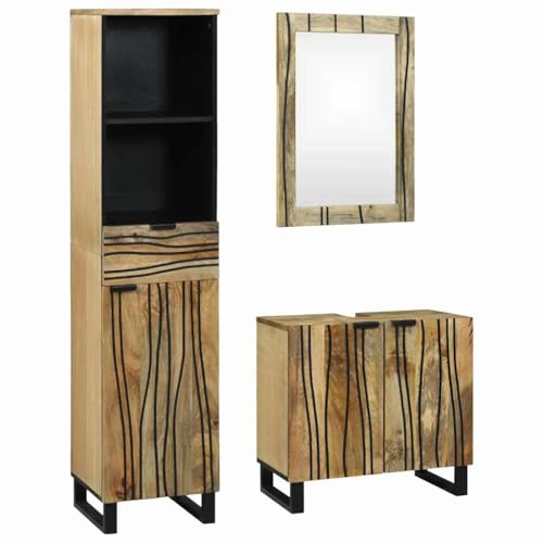 QJBSAVVA Badezimmerschrank Hoch Massives Mango Holz 3 Teile Set Modernes Design mit Spiegel Robuste Konstruktion & Effizienter Stauraum für Bad WC oder Flur von QJBSAVVA