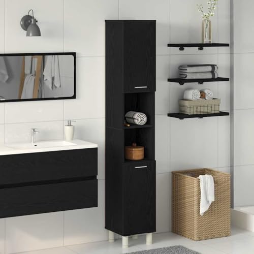 QJBSAVVA Badezimmerschrank Schwarz Eiche Moderner Hochschrank mit 6 Fächern 30 x 30 x 179 cm Platzsparend und Stilvoll für Bad WC oder Flur von QJBSAVVA