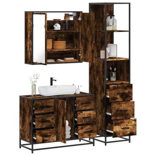 QJBSAVVA Badezimmerschrank Set 3-TLG in Räuchereiche Badmöbel aus Holzwerkstoff & Metall Spiegelschrank 65 cm Waschbeckenunterschrank 80 cm Badschrank 35 cm Stauraum & Industrielles Design von QJBSAVVA