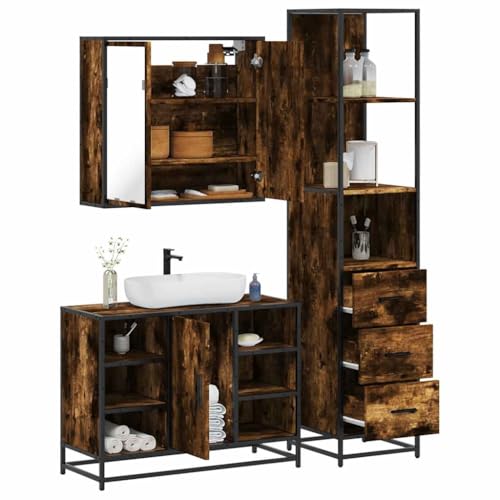 QJBSAVVA Badezimmerschrank Set 3-TLG in Räuchereiche Holzwerkstoff & Metall Spiegelschrank Waschbeckenunterschrank Badschrank mit Stauraum Modernes Design für Kleine Badezimmer QJBSAVVA Badezimmerschrank Set 3-TLG in Räuchereiche Holzwerkstoff & Metall Spiegelschrank Waschbeckenunterschrank Badschrank mit Stauraum Modernes Design für Kleine Badezimmer von QJBSAVVA