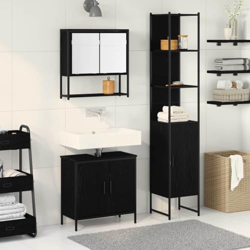 QJBSAVVA Badezimmerschrank Set 3 Teile Schwarz Eiche Holzwerkstoff Modernes Design mit Spiegel Schrank und Regal Stauraum für Bad Essentials von QJBSAVVA