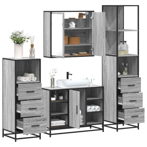 QJBSAVVA Badezimmerschrank Set 4-TLG Grau Sonoma aus Holzwerkstoff und Metall Spiegelschrank Waschbeckenunterschrank mit Stauraum für Bad WC und Flur QJBSAVVA Badezimmerschrank Set 4-TLG Grau Sonoma aus Holzwerkstoff und Metall Spiegelschrank Waschbeckenunterschrank mit Stauraum für Bad WC und Flur von QJBSAVVA